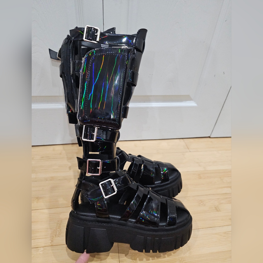 Holographic Oil slick black Rave Club Exx Stage Diver Gladiator Sandals Shoes 9 - Picture 6 of 16